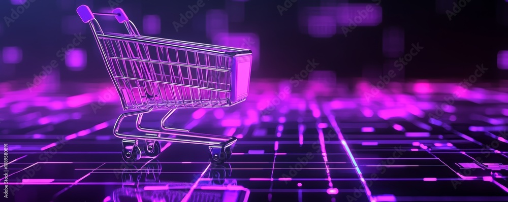 A glowing shopping cart in a tech-inspired setting, surrounded by data lines and abstract digital symbols. A glowing shopping cart in a tech-inspired setting, surrounded by data lines and abstract digital symbols.