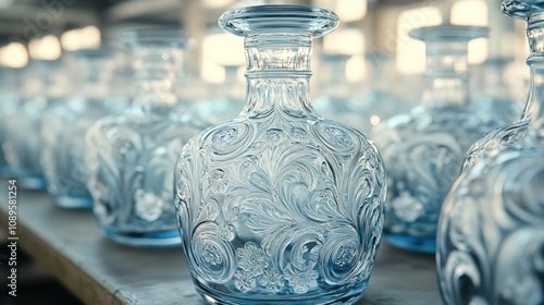 Elegant light blue glass decanters with etched floral patterns on a production line. photo