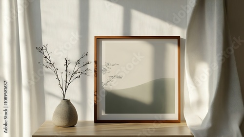 Minimalist framed art print on wooden table with vase and sunlig photo