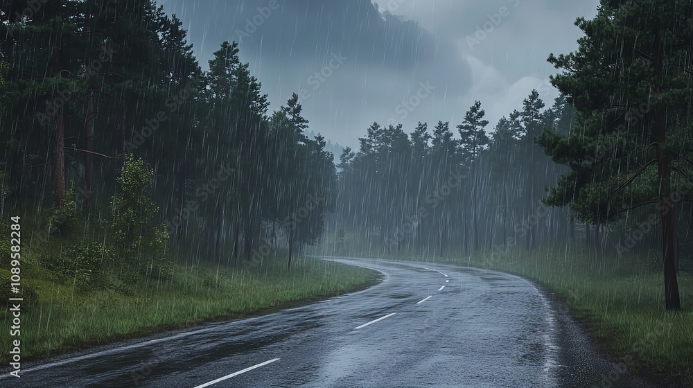 Fototapeta premium Winding Rural Road Through a Pine Forest During a Rainstorm with Misty Atmosphere