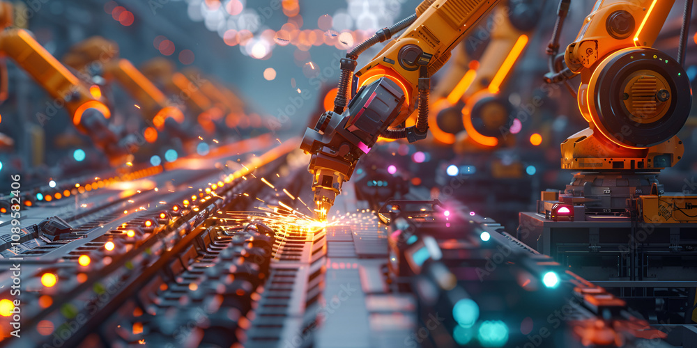 Robotic Arms Working on High-Tech Industrial Assembly Line Robotic Arms Working on High-Tech Industrial Assembly Line