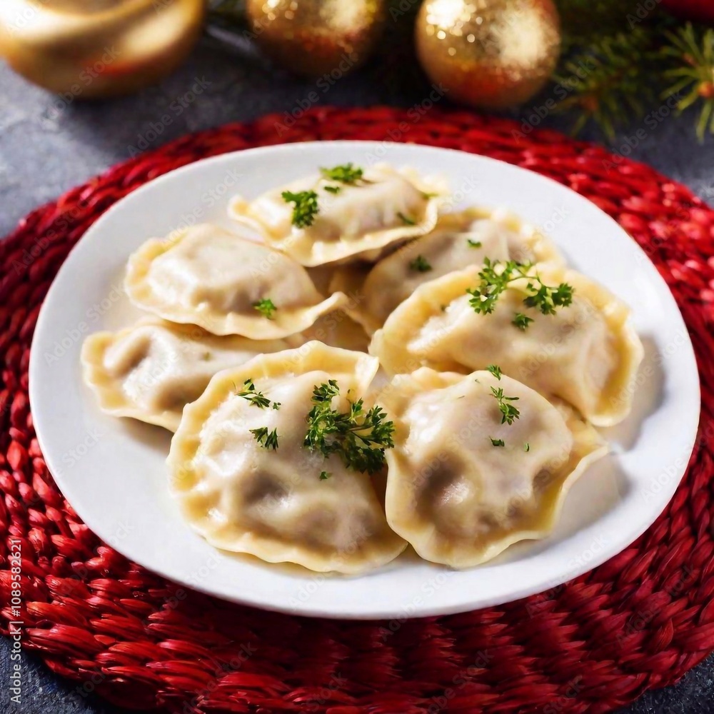close up image of Mushroom and cabbage pierogi. Polish Christmas Eve dinner at eye level, focusing on meal close up image of Mushroom and cabbage pierogi. Polish Christmas Eve dinner at eye level, focusing on meal