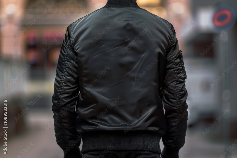 A person in a black jacket walking on the sidewalk A person in a black jacket walking on the sidewalk