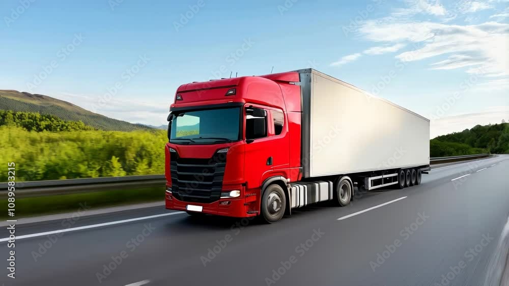 A truck drives along the road against the backdrop of a colorful summer landscape. Cargo transportation. Logistics and economics. Cargo delivery business A truck drives along the road against the backdrop of a colorful summer landscape. Cargo transportation. Logistics and economics. Cargo delivery business