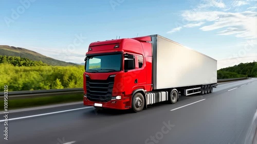 Wallpaper Mural A truck drives along the road against the backdrop of a colorful summer landscape. Cargo transportation. Logistics and economics. Cargo delivery business Torontodigital.ca