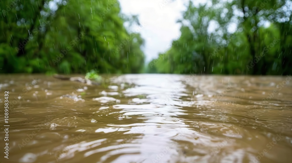 Fototapeta premium climate change typhoon and rainfall. Flooded river with lush greenery nearby