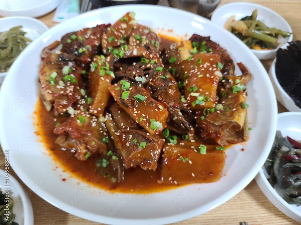 Korean food. Spicy braised pollack Korean food. Spicy braised pollack