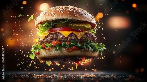 A deconstructed burger floating mid-air, with sesame seed bun, juicy beef patty, melted cheese, fresh lettuce, tomato, and pickles separated, bright colors, cinematic lighting emphasizing textures, photo