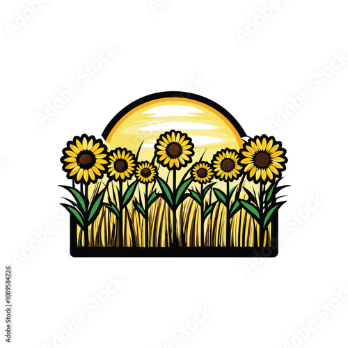 Create an editable stroke vector illustration of a vibrant sunflower field under a sunny sky, showcasing detailed flower petals and leaves.