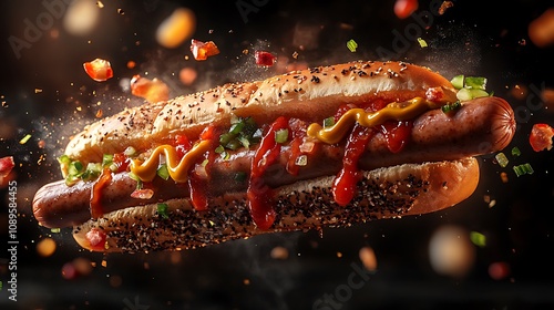 A deconstructed hot dog in motion, with bun, sausage, mustard, ketchup, and relish floating apart, high-speed capture showcasing each ingredient in stunning detail, bold and vibrant tones, photo