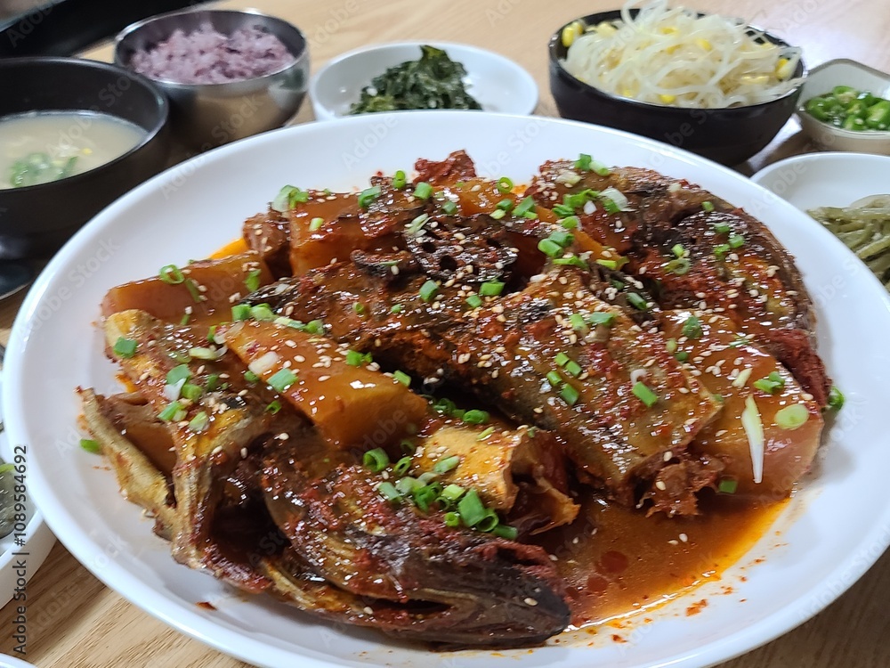 Korean food. Spicy braised pollack Korean food. Spicy braised pollack