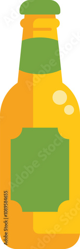 Beer bottle with a green label standing on a white background