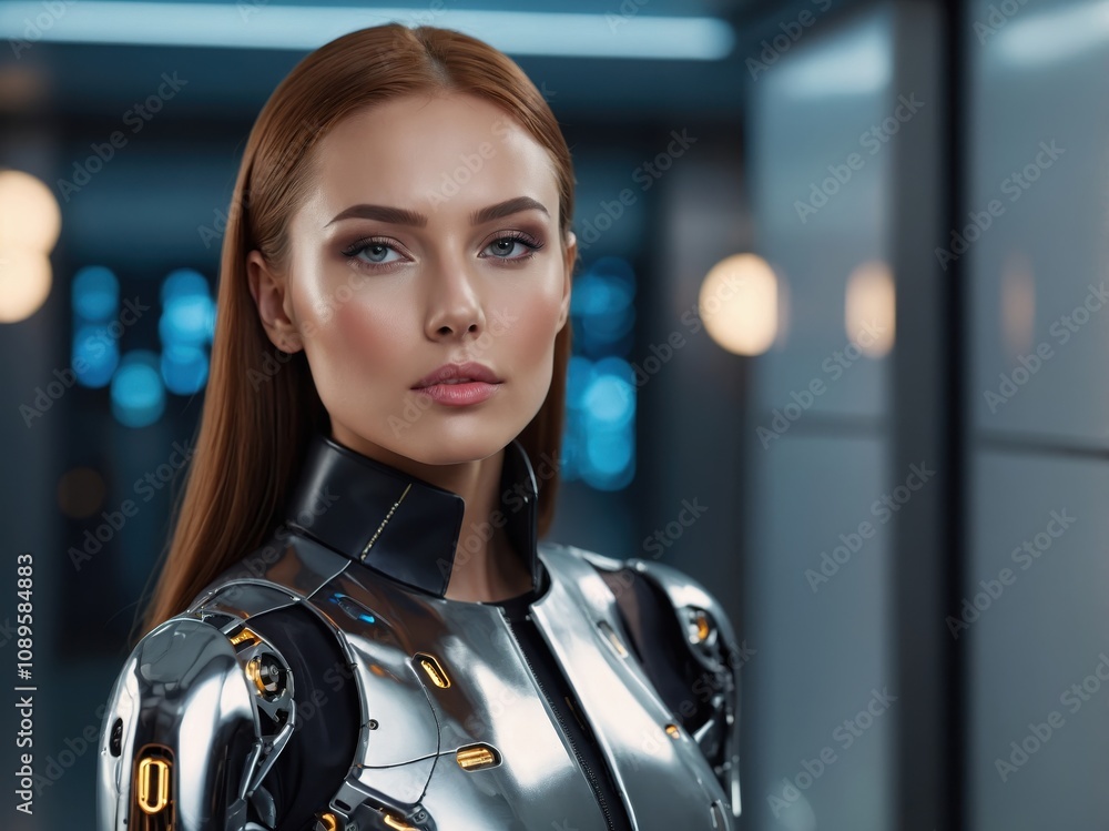 A humanoid robot stewardess with a futuristic design, sleek features, and a polished uniform, standing in a modern environment ready to assist travelers A humanoid robot stewardess with a futuristic design, sleek features, and a polished uniform, standing in a modern environment ready to assist travelers