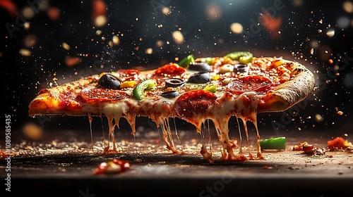 A deconstructed pizza slice in mid-air, with stretchy mozzarella cheese, pepperoni slices, black olives, diced tomatoes, and bell peppers flying apart, dynamic motion, bright lighting, photo