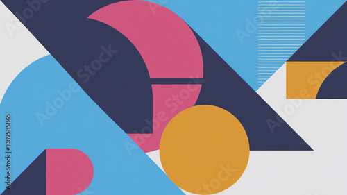 Geometric abstract background features overlapping triangles, circles, and squares in shades of blue, pink, white and yellow. Modern and minimalist aesthetic generative ai