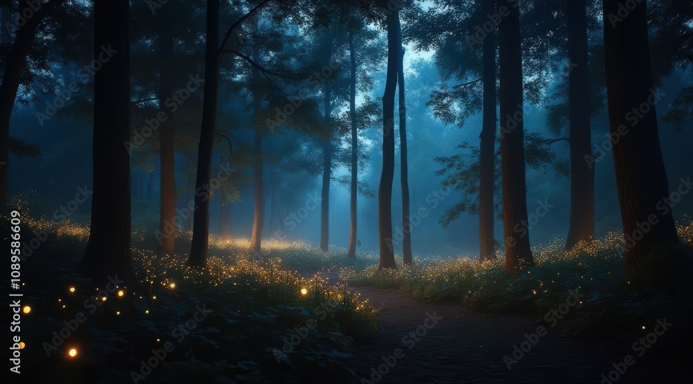 Enchanting forest with glowing fireflies at dusk Enchanting forest with glowing fireflies at dusk