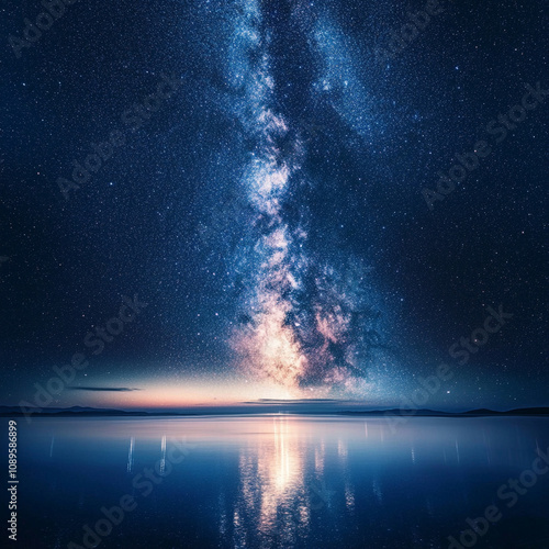 Stunning view of the Milky Way reflecting on calm ocean waters at night