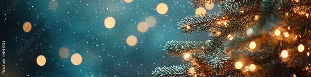 Festive fir branches with golden lights on blue Festive fir branches with golden lights on blue