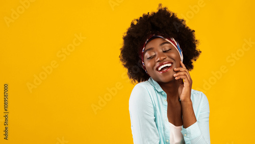 Pretty Black Woman Posing Touching Face Playfully Smiling Thinking About Great Shopping Offer On Pink Studio Background. Advertisement Banner With Stylish Lady Looking Aside. Copy Space, Panorama