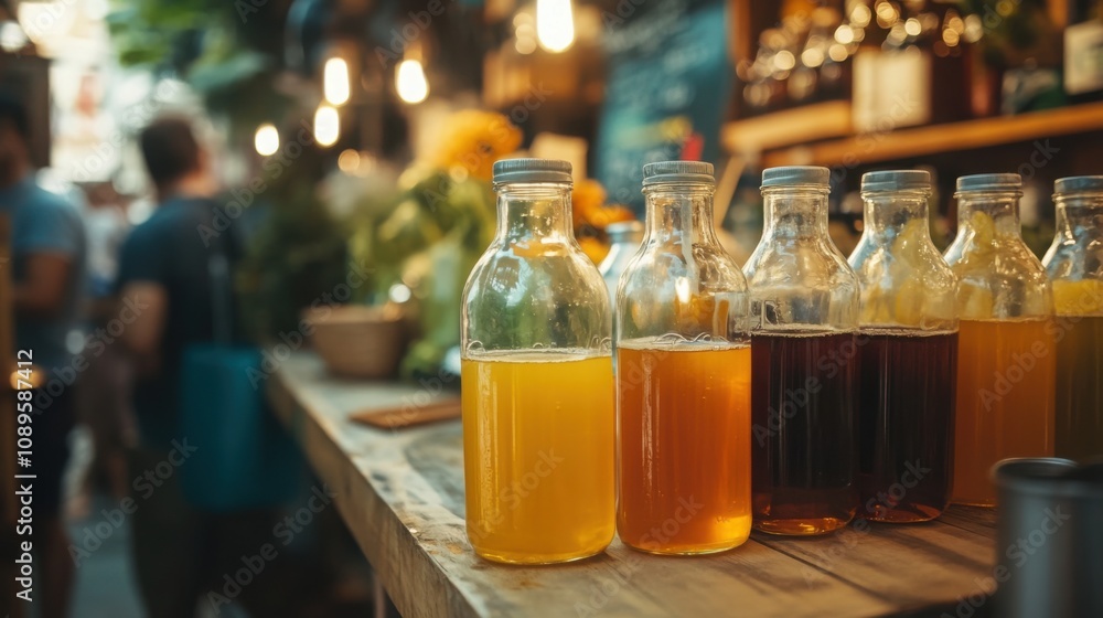 cold-pressed juice in glass bottles at a street food market, refreshing and vibrant, health-oriented cold-pressed juice in glass bottles at a street food market, refreshing and vibrant, health-oriented