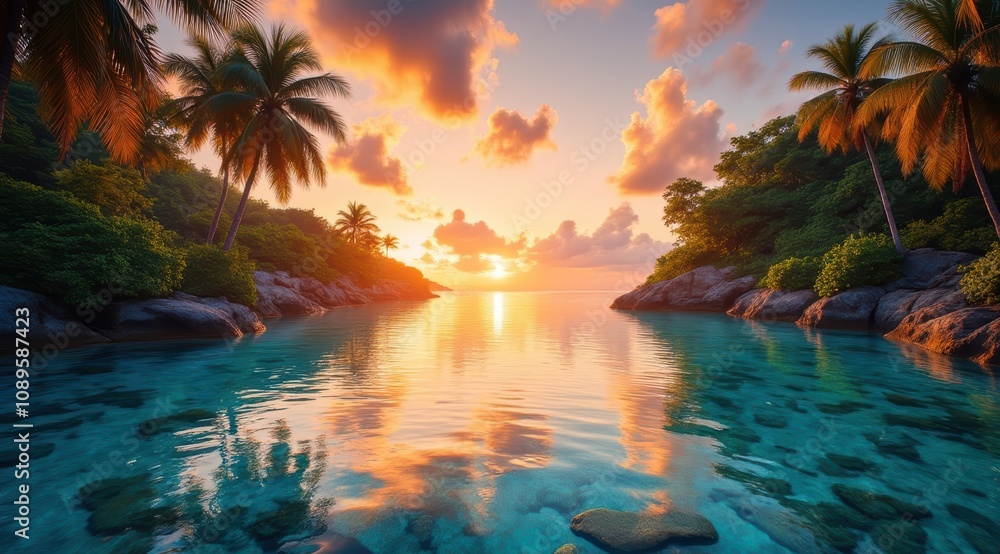 Tranquil tropical sunset over crystal waters Tranquil tropical sunset over crystal waters