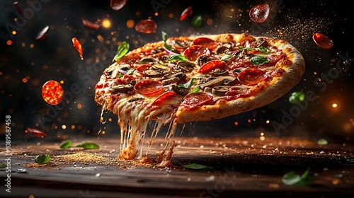 A dynamic burst of pizza toppings mid-air, with a cheesy slice suspended, pepperoni, mushrooms, red onions, and olives scattering apart, bright vibrant colors, cinematic backlighting,