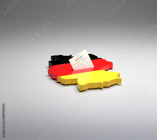 Elections in Germany. A sample ballot paper for the election to the Bundestag in the slit of a ballot box in the form of the German map with the German flag. 3d render, gray background, copy space photo