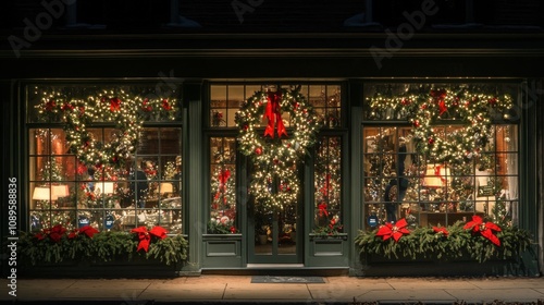 Festive Christmas Shop Window Display At Night