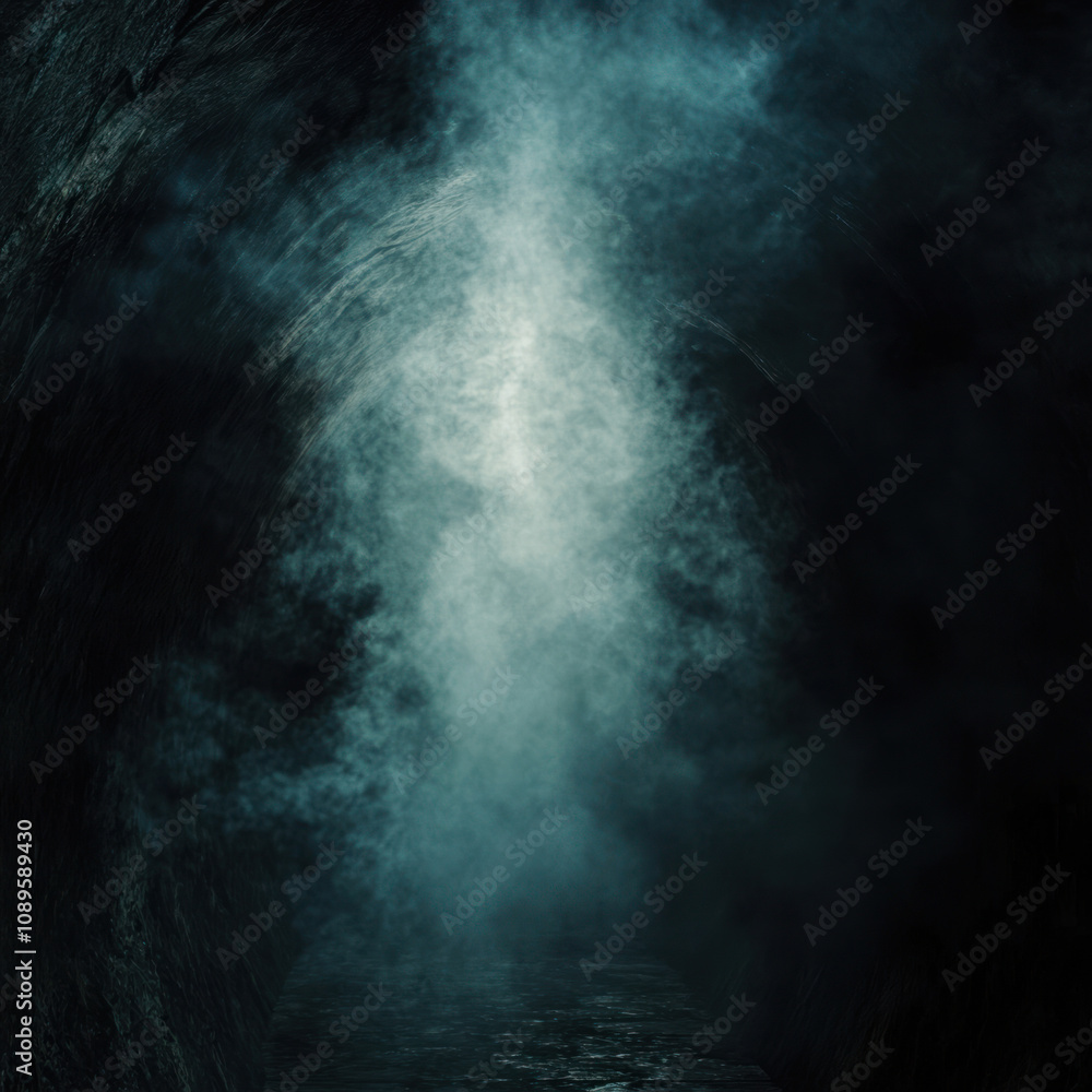 Fototapeta premium a dark tunnel or cave with thick fog or steam rising from it. 