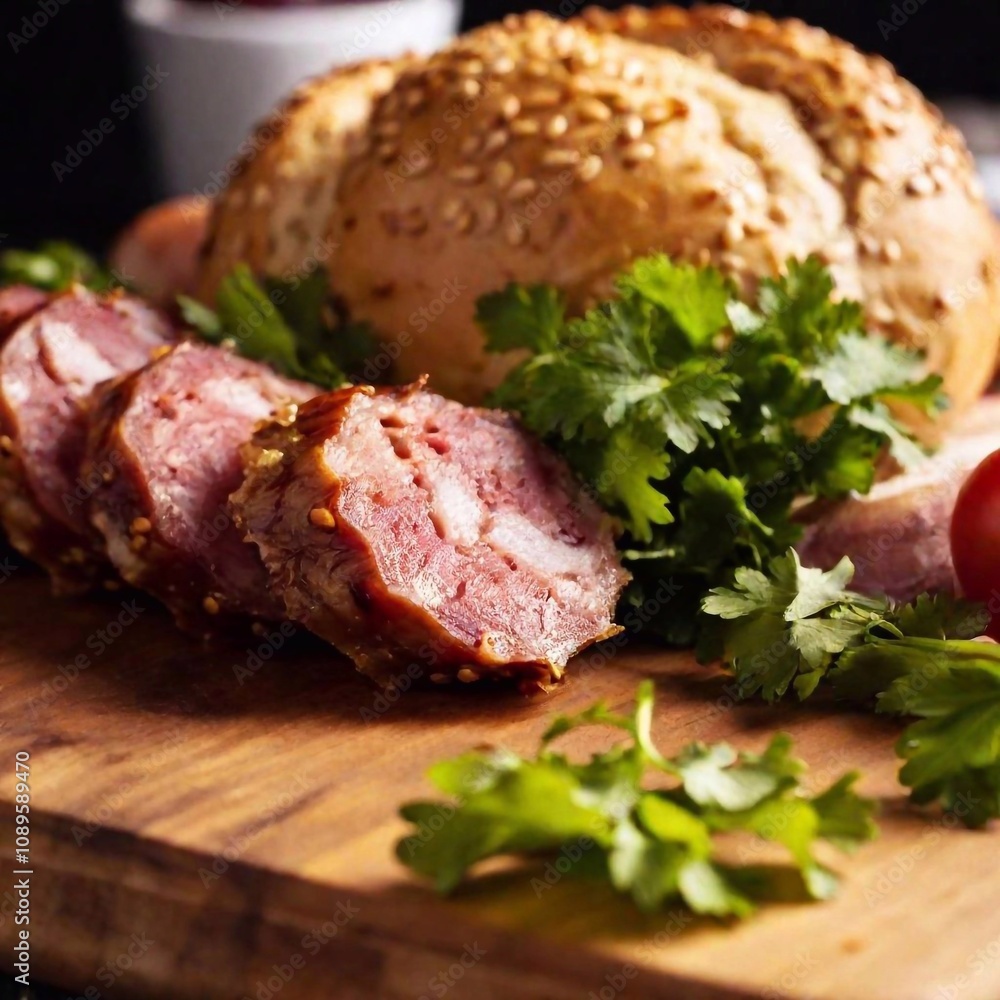 macro, soft focus, low-angle studio capture of a sausage sliced open, revealing the juicy interior, with the studio lighting casting soft shadows and the Oktoberfest-themed backdrop subtly blurred macro, soft focus, low-angle studio capture of a sausage sliced open, revealing the juicy interior, with the studio lighting casting soft shadows and the Oktoberfest-themed backdrop subtly blurred