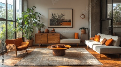 Modern living room with mid-century furniture, large windows, and plants.