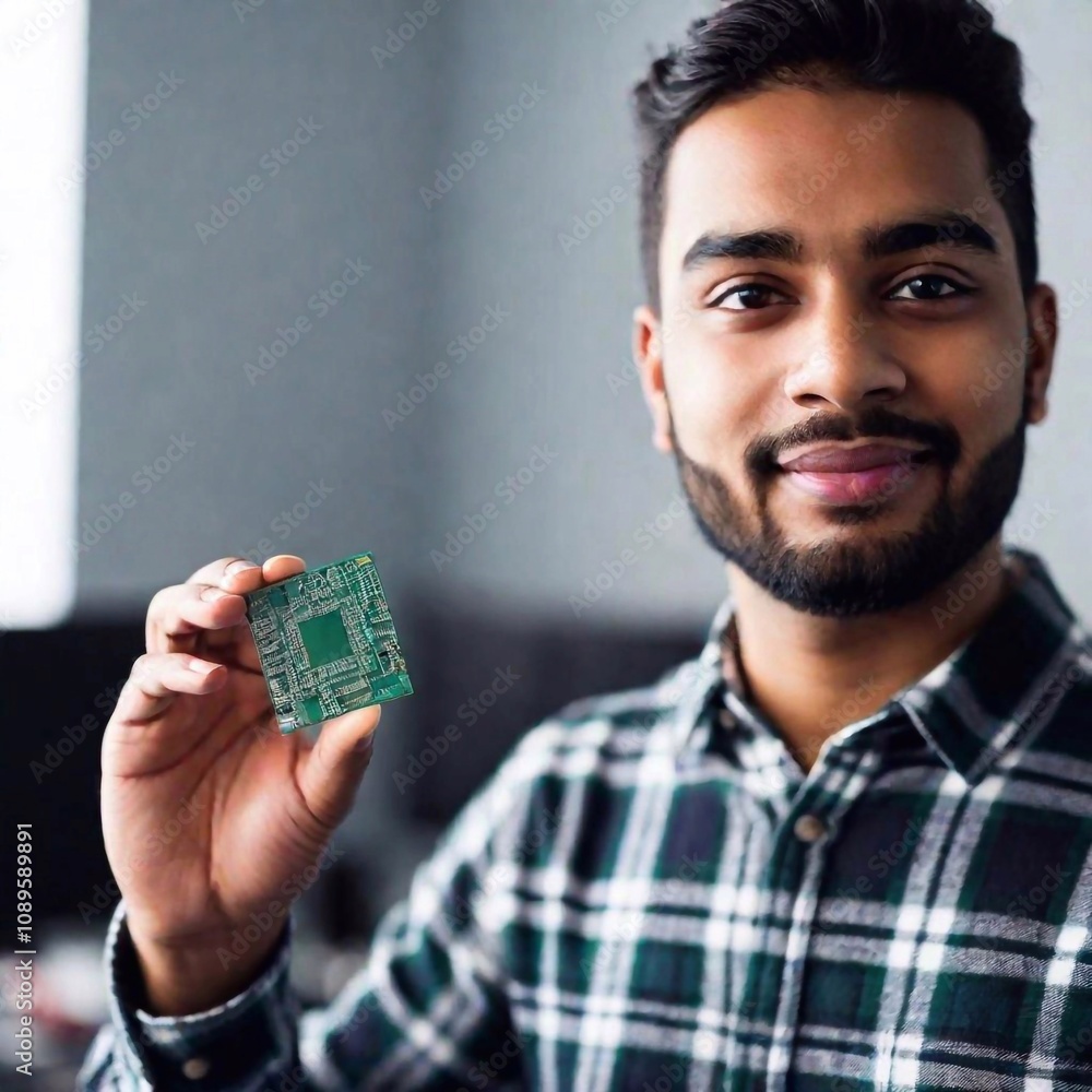 close up portrait of engineer holding computer microchip close up portrait of engineer holding computer microchip