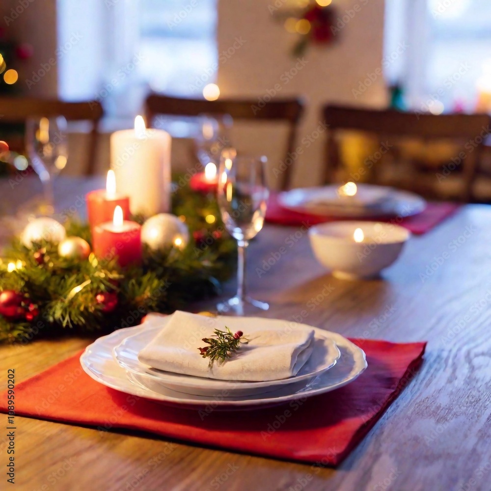 Christmas card with A medium shot of a festive table setting with a Christmas feast, focusing on the centerpiece dish with the background elements gradually blurring, in photo style Christmas card with A medium shot of a festive table setting with a Christmas feast, focusing on the centerpiece dish with the background elements gradually blurring, in photo style
