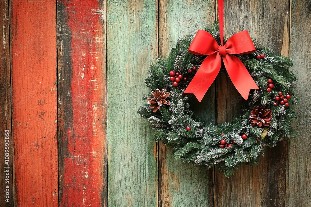 Festive wreath with red bow on rustic wooden background Festive wreath with red bow on rustic wooden background