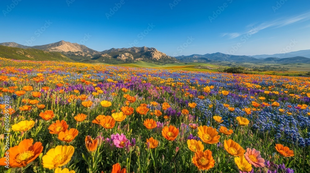 Fototapeta premium Vibrant Wildflower Meadow Against Majestic Mountain Range