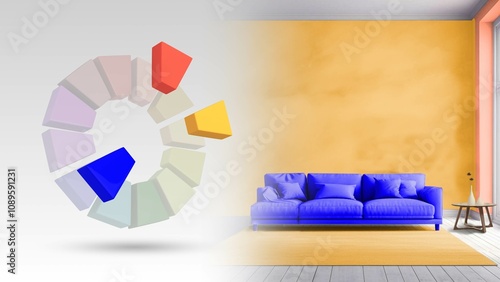 Split complementary color scheme of yellow orange,blue,red orange for living interior