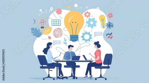 A collaborative workspace featuring three individuals brainstorming with ideas represented by light bulbs and gears.