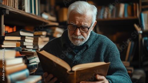 Wallpaper Mural  An elderly gentleman, with a distinguished beard and glasses, is engrossed in a book, surrounded by a library's worth of knowledge. The image captures the timeless joy of reading. Generative ai. Torontodigital.ca