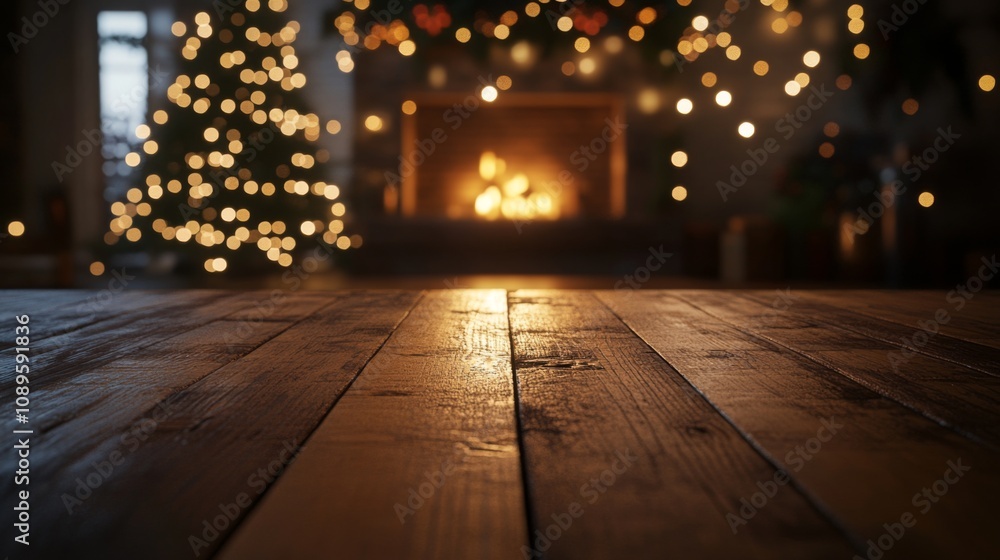 Warm Festive Wooden Table Christmas Fireplace Lights Warm Festive Wooden Table Christmas Fireplace Lights
