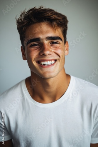 A smiling young adult wearing a white t-shirt, ideal for use in illustrations or graphics about friendship, leisure time, or casual events