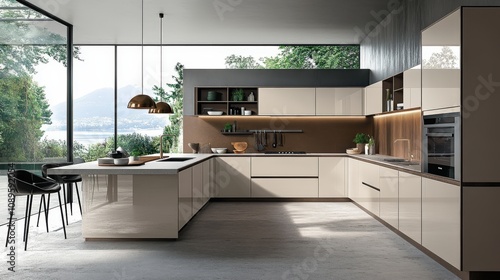 Wallpaper Mural Modern Kitchen with Island and Panoramic Window View Torontodigital.ca