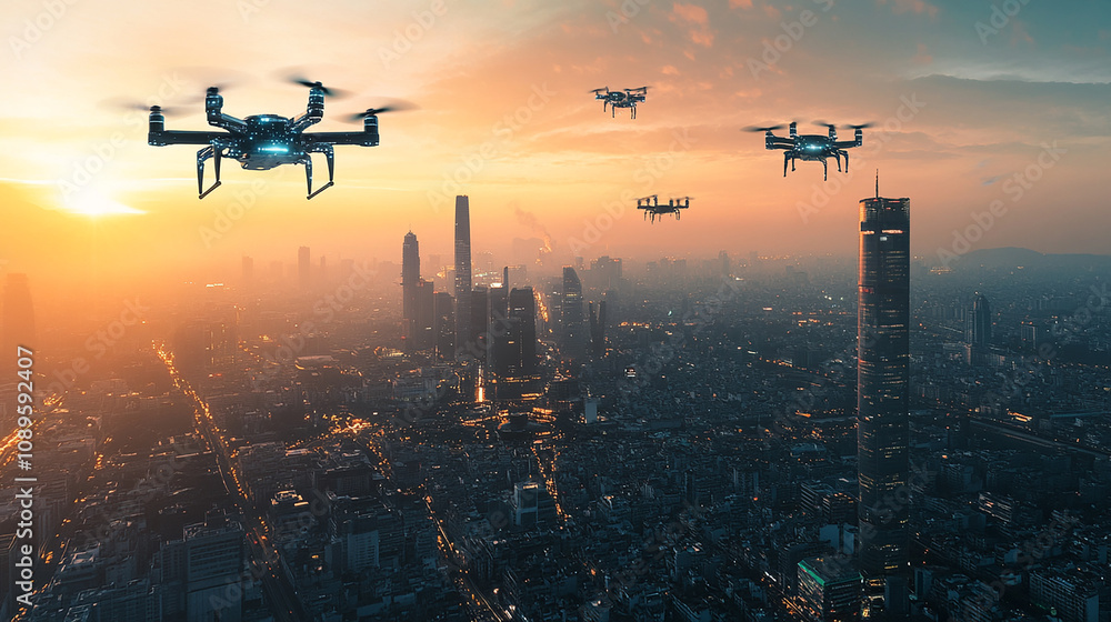 Two drones flying over a city with a foggy atmosphere. The drones are hovering over the buildings and the sky Two drones flying over a city with a foggy atmosphere. The drones are hovering over the buildings and the sky