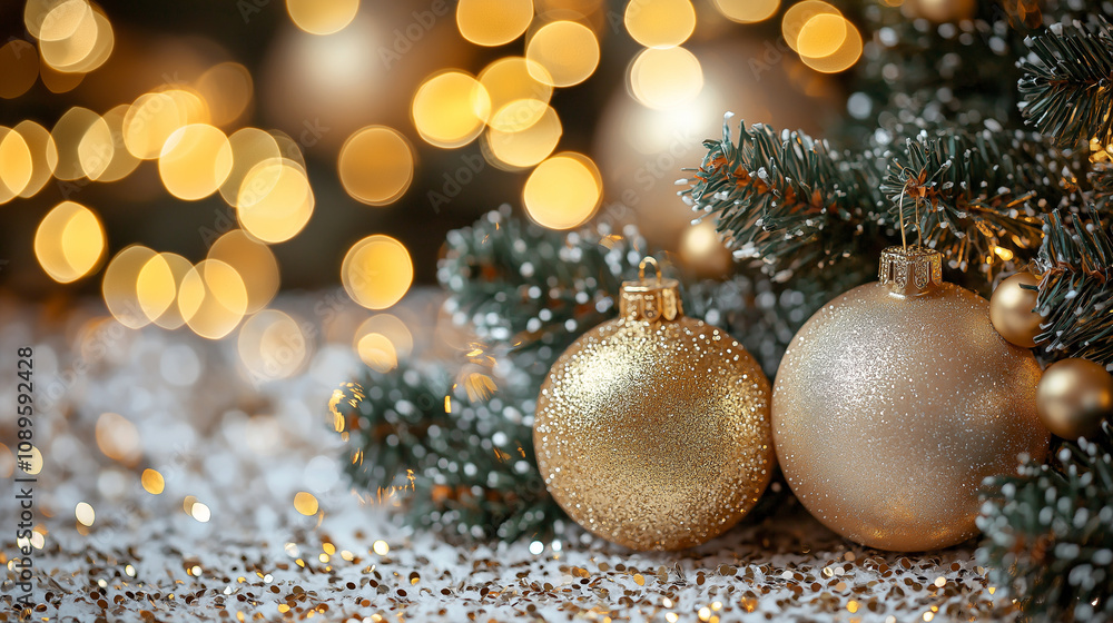 Golden Christmas Ornament: Festive gold Christmas ornaments nestled in pine branches, illuminated by warm bokeh lights, create a captivating and cozy holiday scene. Generative ai illustration. Golden Christmas Ornament: Festive gold Christmas ornaments nestled in pine branches, illuminated by warm bokeh lights, create a captivating and cozy holiday scene. Generative ai illustration.