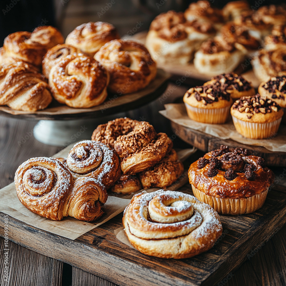 Assorted pastries and muffins displayed on a rustic wooden table Assorted pastries and muffins displayed on a rustic wooden table