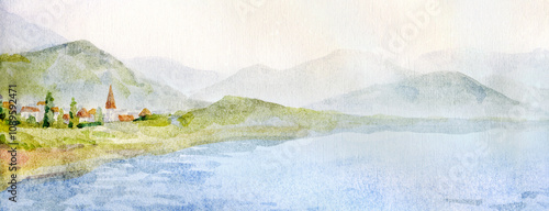 Watercolor illustration. City by the lake