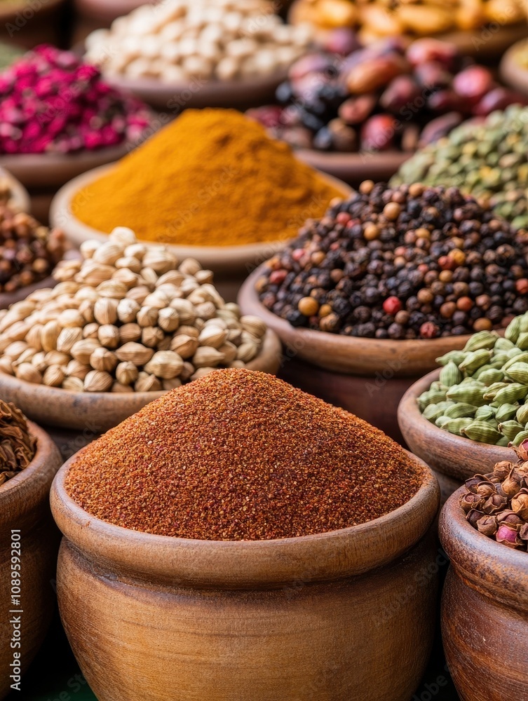 Vibrant Spice Market Stall in Egypt Showcasing an Array of Aromatic Spices Including Cardamom in Traditional Earthenware Bowls