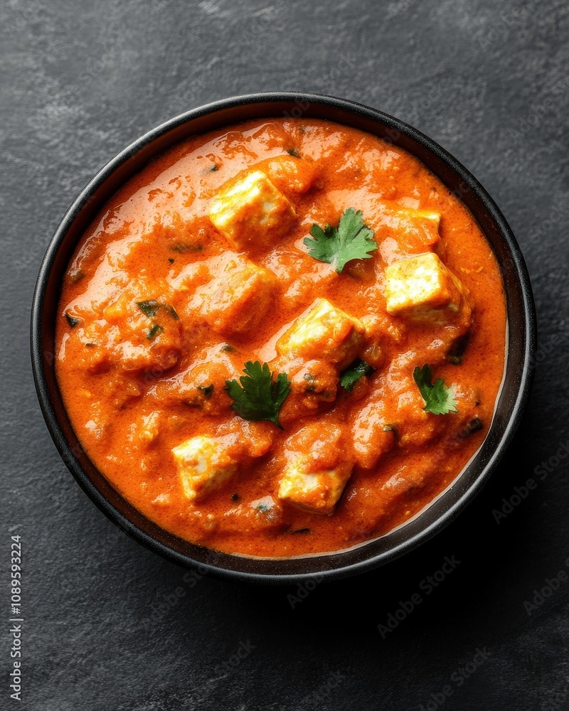 Mouth-Watering Depiction of Rich Butter Paneer in Creamy Tomato Sauce Garnished with Fresh Coriander in a Black Bowl on Dark Background Mouth-Watering Depiction of Rich Butter Paneer in Creamy Tomato Sauce Garnished with Fresh Coriander in a Black Bowl on Dark Background