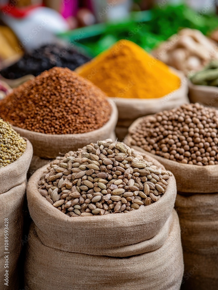 Obraz premium Vibrant Spice Stall at Indian Market Showcasing an Array of Colorful Spices in Tote Bags, Perfect for Culinary Enthusiasts and Cultural Exploration