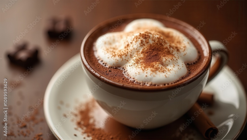 Close-up of a hot chocolate in a mug with marshmallows and cocoa powder on top. Warm, cozy, inviting beverage. Generative, AI,
Close-up of a hot chocolate in a mug with marshmallows and cocoa powder on top. Warm, cozy, inviting beverage. Generative, AI,