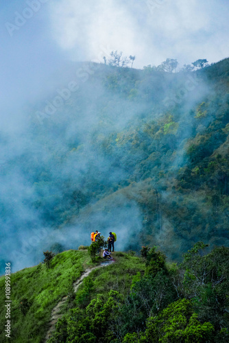 Adventurous hikers overlooking misty mountain landscape scenic nature trail outdoor activity lush green environment bird's eye view exploration